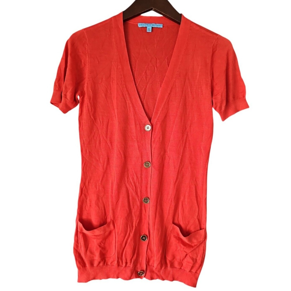 ANTONIO MELANI Women's Short Sleeve V Neck Orange w/ Gold Buttons Cardigan XS